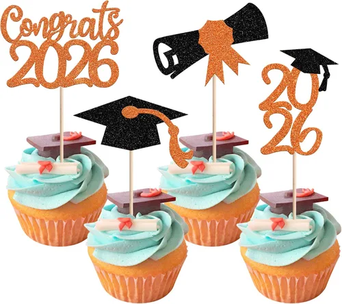 Vista 66 de 30 piezas de decoración para cupcakes de graduación para la clase de 2026 con purpurina brillante para el futuro diploma hecho 2026 Felicidades