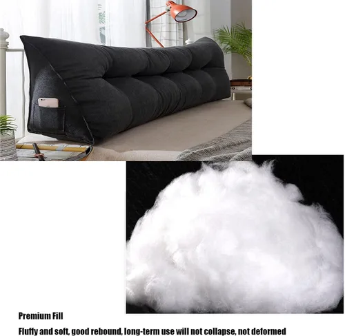 Vista 2 de Almohada triangular para cabecero, almohada de cuña de lectura, cojín de cabecero, almohada de respaldo para día, cama, litera, funda extraíble Negro