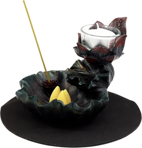Vista 3 de Ebros Gift Feng Shui Zen Buddha Ohm Símbolo Sagrado Flor de Loto en Cascada Torre de incienso y Quemador de cono de reflujo y Figura de portavelas