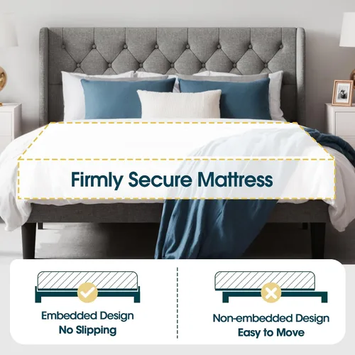 Vista 5 de WEEWAY Base de cama tapizada tamaño Queen con cabecera copetuda con respaldo de alas, plataforma moderna con soporte de listones de madera, fácil