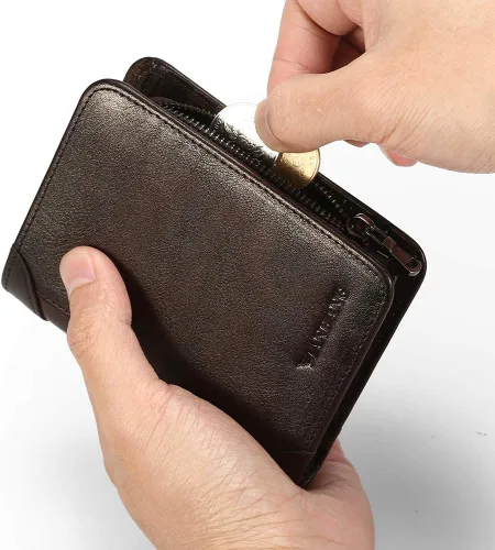 Vista 31 de Billetera para hombre con cremallera de cuero genuino RFID tarjeteros de piel de vaca con cremallera bolsillo para monedas, carteras plegables