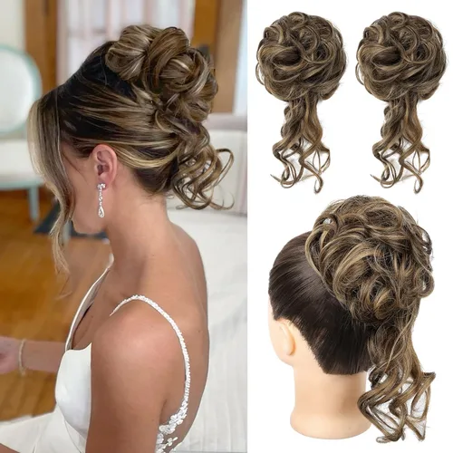 Vista 24 de HOOJIH 2 piezas de extensiones de cabello estilo moño despeinado, extensiones de cabello rizado y ondulado con tiras, cola de caballo, horquillas