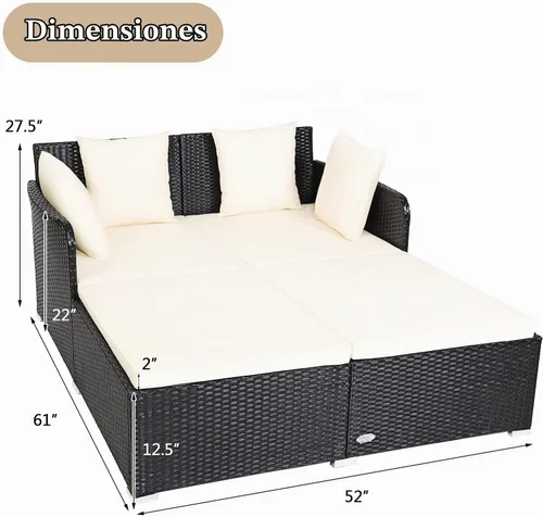 Vista 3 de HAPPYGRILL Sofá cama de ratán para exteriores, juego de sofá cama para patio con cojín y almohadas, pie de aluminio resistente, muebles de mimbre