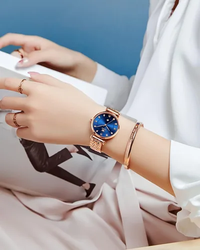 Vista 5 de OLEVS Reloj de oro rosa para mujer, con diamantes de lujo, luminoso, resistente al agua