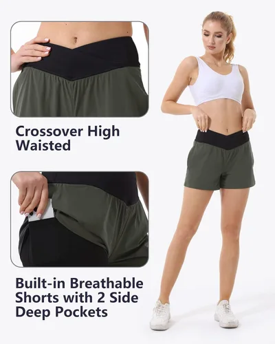 Vista 4 de HARTPOR Pantalones cortos deportivos 2 en 1 de secado rápido para mujer, cintura cruzada con bolsillos, forro de malla para entrenamiento, gimnasio