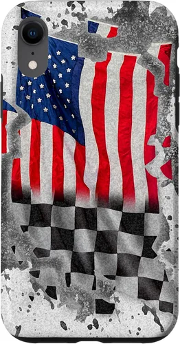 Vista 24 de Funda para iPhone 16 Car Racing Bandera Americana Pit Crew