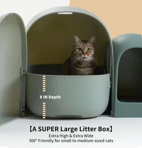 Vista 2 de MS!MAKE SURE Caja de arena para gatos MAX, caja de arena cerrada con cuchara, elegante y funcional para gatos de interior, té con leche