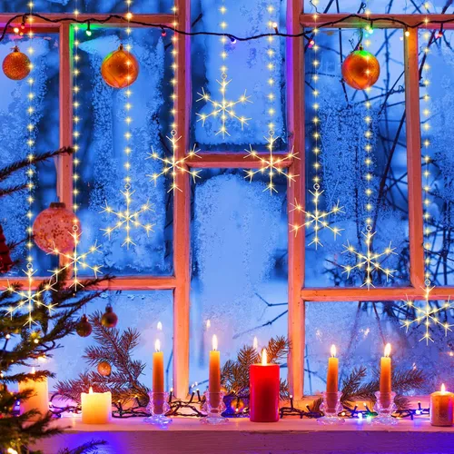 Vista 7 de Kingdder - Cadena de luces de copos de nieve de Navidad, luces de cortina de copos de nieve de 16.4 pies / 5 m, 325 LED, cadena de luces