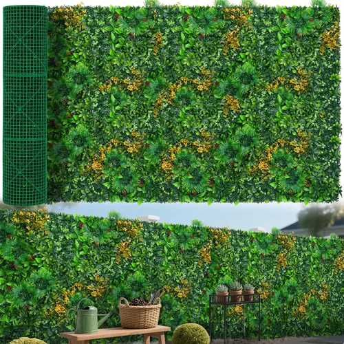Vista 13 de Paneles de pared de césped de 20 x 20 pulgadas, 16 piezas de fondo de vegetación artificial con hojas resistentes a los rayos UV, decoración