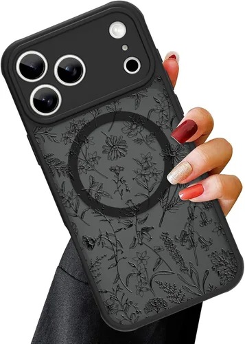 Vista 46 de OOK Funda magnética para iPhone 13 Pro Max [compatible con MagSafe] Funda delgada translúcida mate con flor silvestre negra, protección para lente