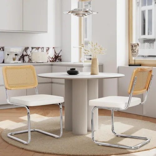 Vista 20 de Upholstered Velvet Dining Chairs Set of 2, Mid Century Modern Armless Upholstered Dining Chair with Rattan Back Stainless Chrome Frame for Dining