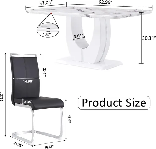 Vista 7 de JUFU Moderno juego de mesa de comedor de mármol sintético de 63 pulgadas para 6, mesa de cocina rectangular con base de pedestal en forma de U