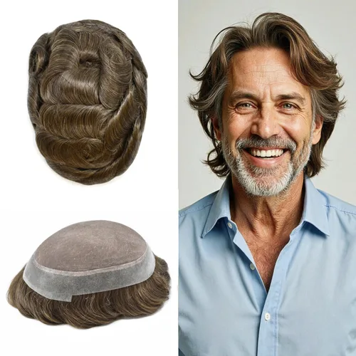 Vista 61 de Toupee para hombres Piezas de pelo fino mono para hombre Toupee sistema de reemplazo de pelo para hombres línea capilar natural para hombre postizo