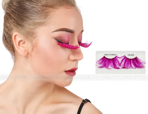 Vista 3 de EMILYSTORES - Pestañas para disfraz de plumas sintéticas rosas para Halloween, pestañas dramáticas, aspecto de fiesta, 1 par