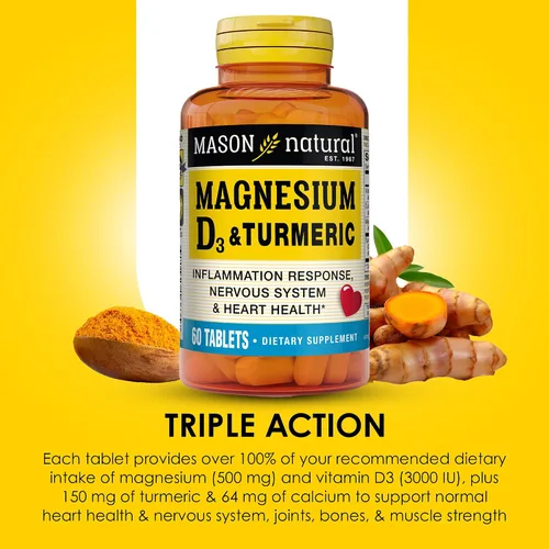 Vista 4 de MASON NATURAL Magnesio y vitamina D3 con cúrcuma - Corazón saludable y sistema nervioso, fortalece los huesos y los músculos, mejora la salud