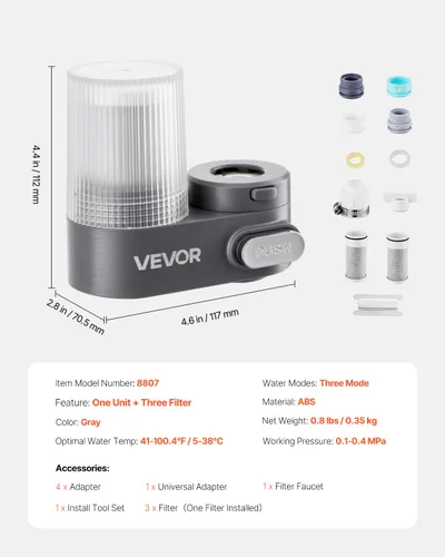 Vista 7 de VEVOR Filtro de agua de montaje en grifo, purificador de agua vertical para grifo de fregadero, filtro de fibra de carbono certificado NSF, elimina
