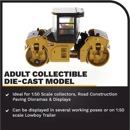 Vista 3 de Diecast Masters Compactador vibratorio Caterpillar CB-13 a escala 1:50 con cabina cerrada Camiones Cat Series High Line y equipos de construcción