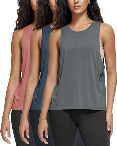 Vista 22 de ODODOS Paquete de 3 camisetas sin mangas sueltas para mujer, camisetas sin mangas para gimnasio, atletismo, entrenamiento, camisetas de yoga