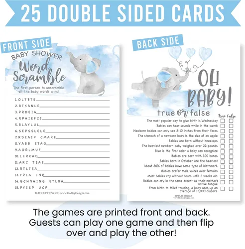 Vista 3 de Hadley Designs Divertidos juegos de baby shower para niños – 25 tarjetas de doble cara para 25 invitados, 2 juegos, juego de baby shower de palabras