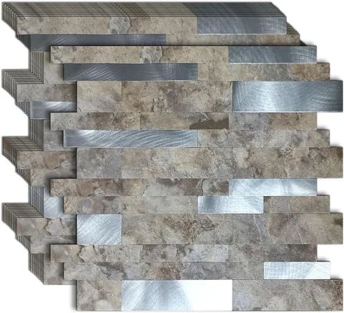 Vista 8 de 10 calcomanías de pared de mosaico de metal de PVC, mármol blanco Mármol blanco+gris esmerilado-2