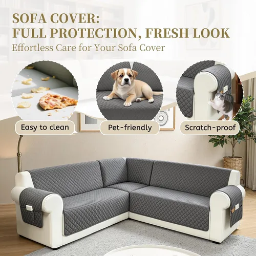 Vista 4 de Fundas de sofá seccional para perros 100% impermeables, funda de sofá en forma de L para esquinas, de terciopelo, lavable, antideslizante, para Gris