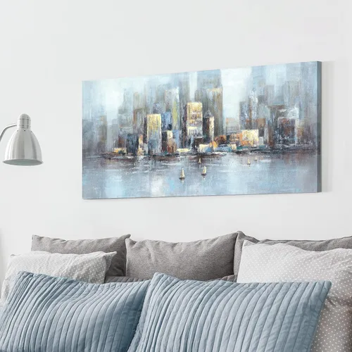 Vista 5 de Lienzo decorativo para pared de ciudad: paisaje abstracto de horizonte moderno, pintura de paisaje urbano contemporáneo, horizontal, vista urbana
