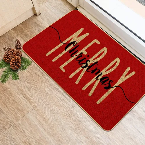 Vista 6 de Alfombra Decorativa de Puerta de Bienvenida Roja Feliz Navidad, Alfombra de Puerta de Invierno de Temporada, Alfombra de Piso de Perfil Bajo