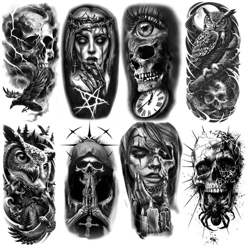Vista 14 de 8 hojas de calcomanías temporales para tatuajes temporales de pierna de brazo de león del bosque, Jesús, cráneo, cráneo, rosa, corona de rosas