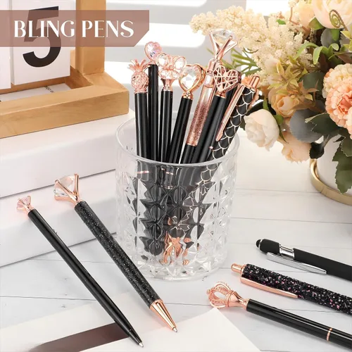 Vista 4 de Colarr Juego de 16 bolígrafos con purpurina de diamante de cristal, bonito juego de bolígrafos de metal para diario, tinta negra retráctil, regalos