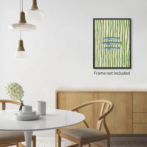 Vista 4 de Impresiones de Sardinas - Pósteres de pared de cocina de moda, diseño de rayas verdes, retro y moderna, estética de alimentos para el hogar
