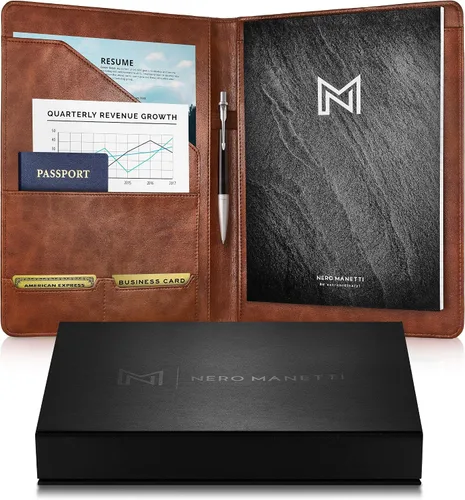 Vista 9 de NERO MANETTI - Carpeta de cuero para portafolio - Portafolio de piel sintética para currículums, carpeta ejecutiva de bloc de notas legal, cuaderno