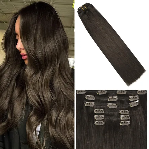 Vista 33 de WindTouch - Extensiones de cabello humano liso con pinzas, color negro azabache, 2.47 onzas, N.° 1, 12 pulgadas, 7
