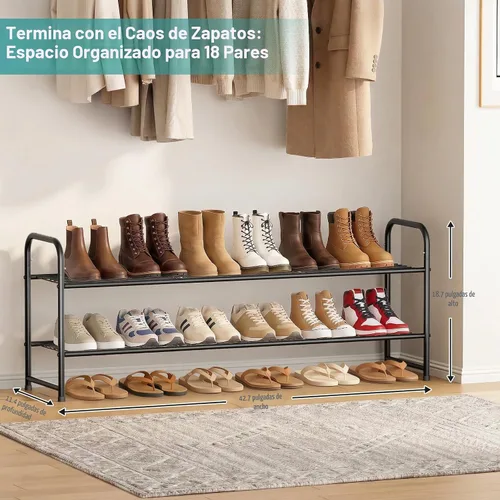 Vista 2 de AOODA Zapatero largo de 2 niveles para armario, organizador de almacenamiento de zapatos apilable de metal para entrada, dormitorio, piso, 18 pares