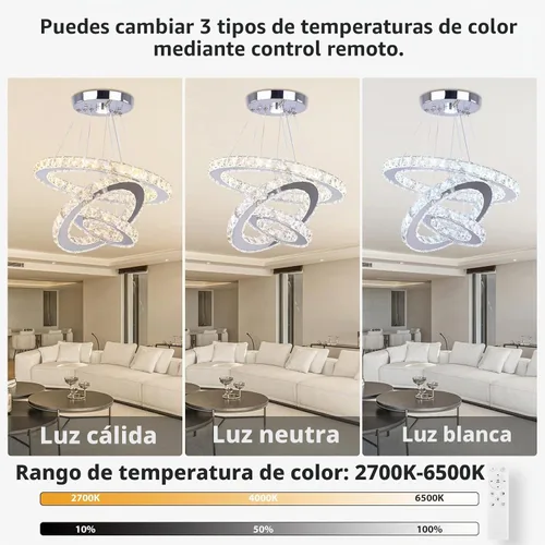 Vista 5 de Candelabro LED de cristal con iluminación regulable LED moderna lámpara de techo de 3 anillos ajustable de acero inoxidable para dormitorios y sala