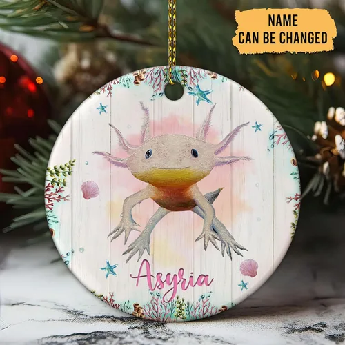 Vista 2 de Hyturtle Adorno de Navidad personalizado para los amantes de los ajolotes – Just A Girl Who Loves Axolotls Adorno de cerámica con nombre