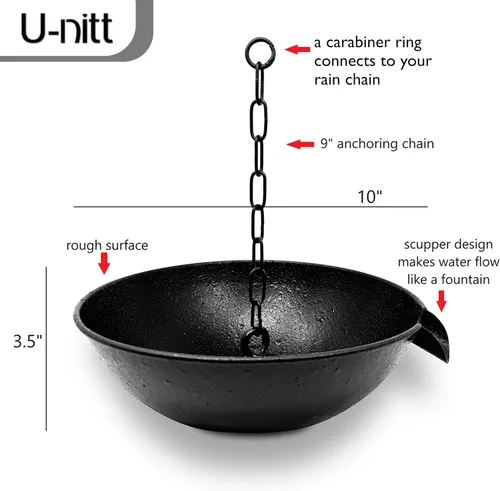 Vista 2 de U-nitt Cuenco colector de derrames de bajante de 10 pulgadas para anclaje de cadena de lluvia y estaca Recolección de agua de lluvia para techo