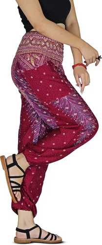 Vista 3 de Boho Aladdin - Pantalones harén para mujer, ligeros, de algodón, con cintura fruncida, pantalones de yoga Genie para descansar, viajes, festivales