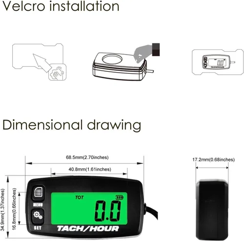 Vista 3 de Jayron 2 piezas de tacómetro de inducción digital autoalimentado Mantenimiento Impermeable Retroiluminación Apagado Medidor de horas Batería