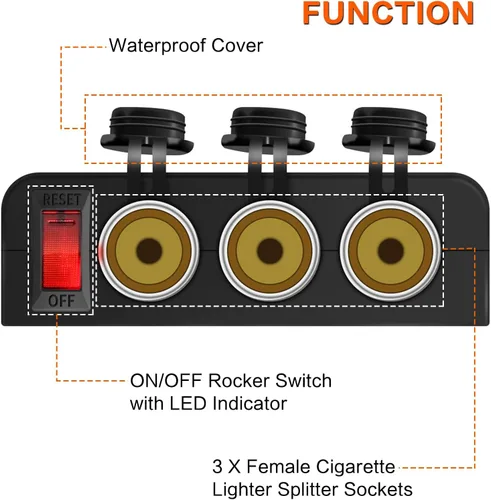 Vista 2 de Divisor de encendedor de cigarrillos de 3 enchufes, adaptador de toma de corriente de 12V con interruptor LED rojo de encendido/apagado, enchufe