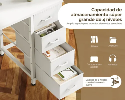 Vista 4 de ODK - Escritorio pequeño de 40 pulgadas, color blanco, con 4 cajones de tela, escritorio moderno para oficina en casa, para juegos y estudio