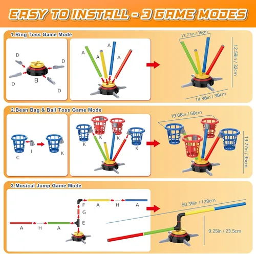 Vista 5 de VATOS Juego 3 en 1 de Sacos de Frijoles y Lanzamiento de Anillos, Salto Musical para Niños, Base Giratoria Eléctrica con Control Remoto, Luces, 12