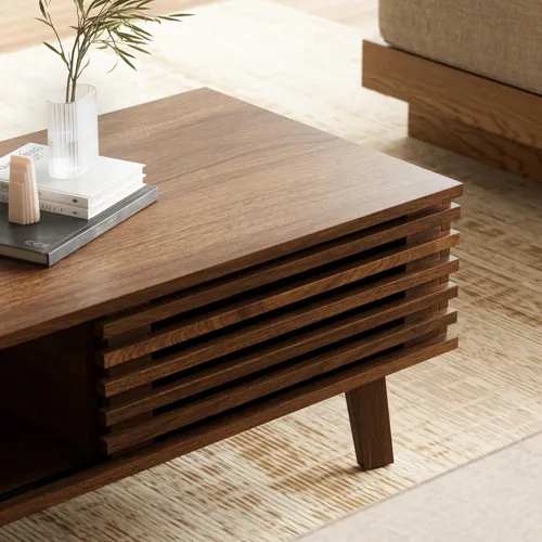 Vista 6 de Furniway Mesa de Centro Moderna de Mediados del Siglo, Mesa de Centro de Madera con Almacenamiento, Mesa de Estilo Rústico para Sala de Estar