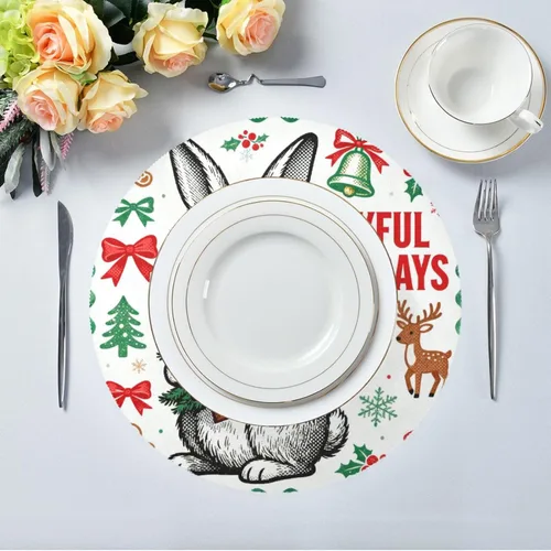 Vista 5 de Mantel individual verde con diseño de conejo de Feliz Navidad 15x15 en manteles para mesa de comedor