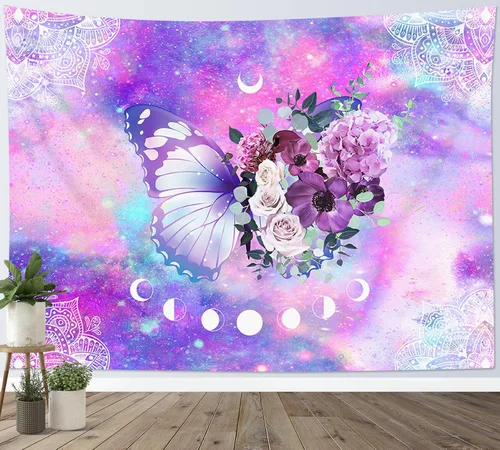 Vista 17 de HVEST Tapiz retro rojo de hongos para colgar en la pared, diseño floral rosa con fresa y mariposa en beige, tapiz para dormitorio, flores, plantas