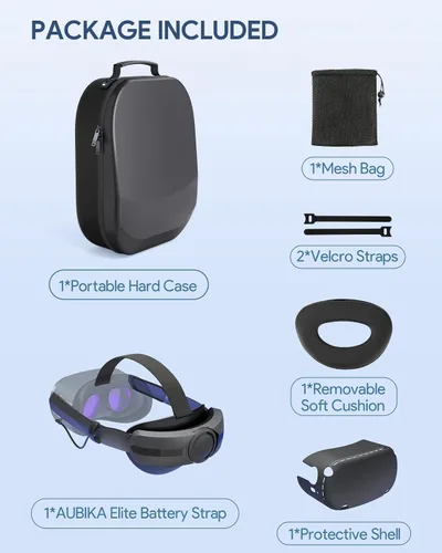 Vista 7 de All-Black 8 in 1 Accessories Set for MetaOculus Quest 2, Include Aubika Elite Battery Strap + Hard Carrying Case + Shell Protective Front Cover +