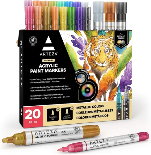 Vista 10 de ARTEZA Marcadores de pintura acrílica metálica, juego de 12 (6 dorados + 6 plateados), puntas extrafinas de 0.069 pulgadas, bolígrafos de pintura a