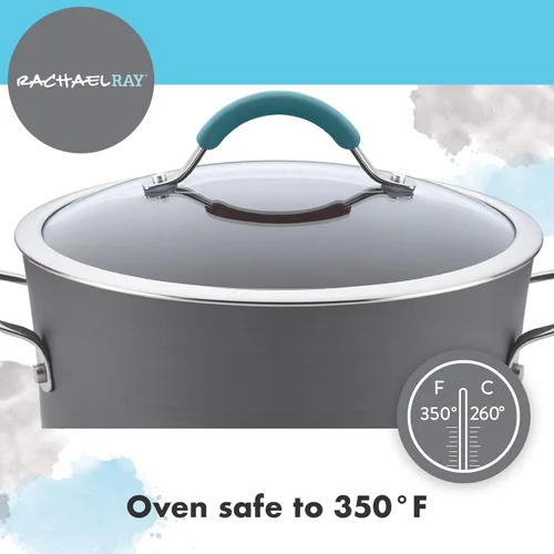 Vista 5 de Rachael Ray Cucina - Sartén antiadherente con mango auxiliar y proceso de anodizado duro., 14", azul/gris(Gray with Blue Handles)
