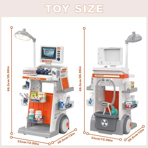 Vista 6 de RedCrab Kit de Doctor para Niños, Juego de Doctores para Niños de 32 Piezas con Carrito Médico, Estetoscopio, Termómetro y Jeringa, Juguete de Juego
