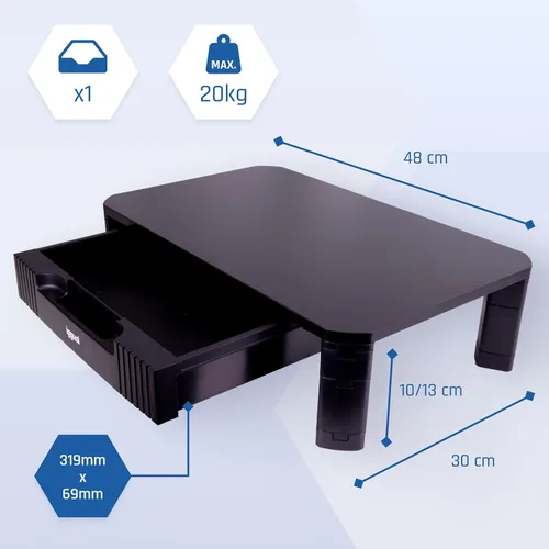 Vista 2 de iggual EM1 elevator monitor with 1 drawer front.-Elevator stand with removable and non-slip feet.- Two heights, 13 cm max. and 10 cm min.- Support