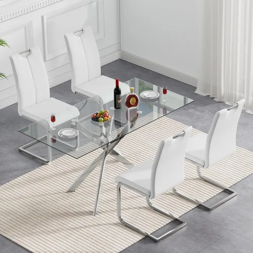 Vista 25 de Juego de mesa de comedor de cristal para 4, juego de mesa de cocina moderno de 5 piezas 52''Rectangular Glass Dining Set with 4 PU Leather